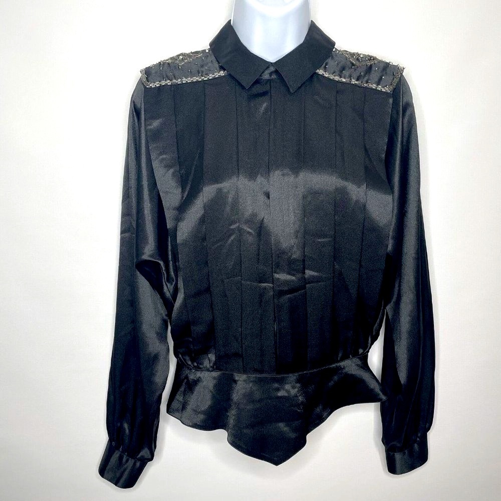 Vintage 80s Axiom Beaded Black Satin Pleated Button Back Peplum Blouse T…